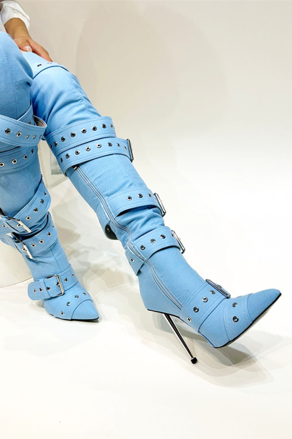 Multi Buckle Pointed Toe Thigh High Stiletto Heel Boots - Blue