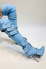 Multi Buckle Pointed Toe Thigh High Stiletto Heel Boots - Blue