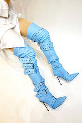 Multi Buckle Pointed Toe Thigh High Stiletto Heel Boots - Blue