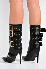 Multi Buckle Pointed Toe Ankle High Heel Boots - Black