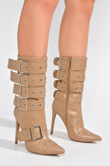 Multi Buckle Pointed Toe Ankle High Heel Boots - Nude