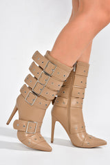 Multi Buckle Pointed Toe Ankle High Heel Boots - Nude