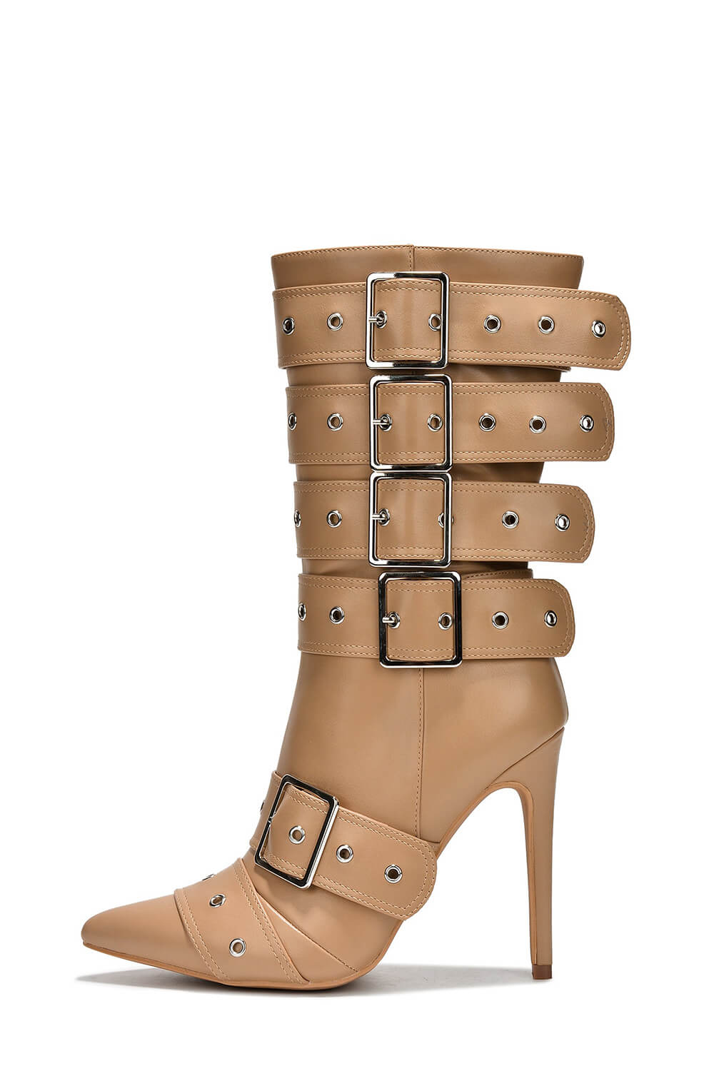 Multi Buckle Pointed Toe Ankle High Heel Boots - Nude
