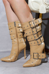 Multi Buckle Pointed Toe Ankle High Heel Boots - Nude