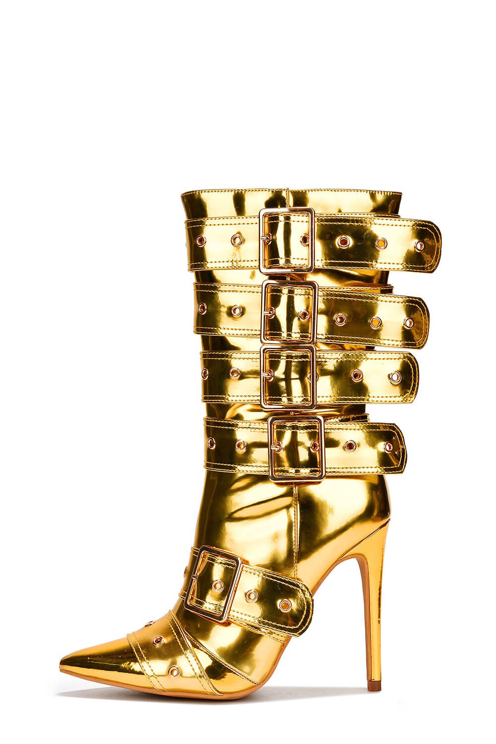 Multi Buckle Pointed Toe Ankle High Heel Boots - Metallic Gold