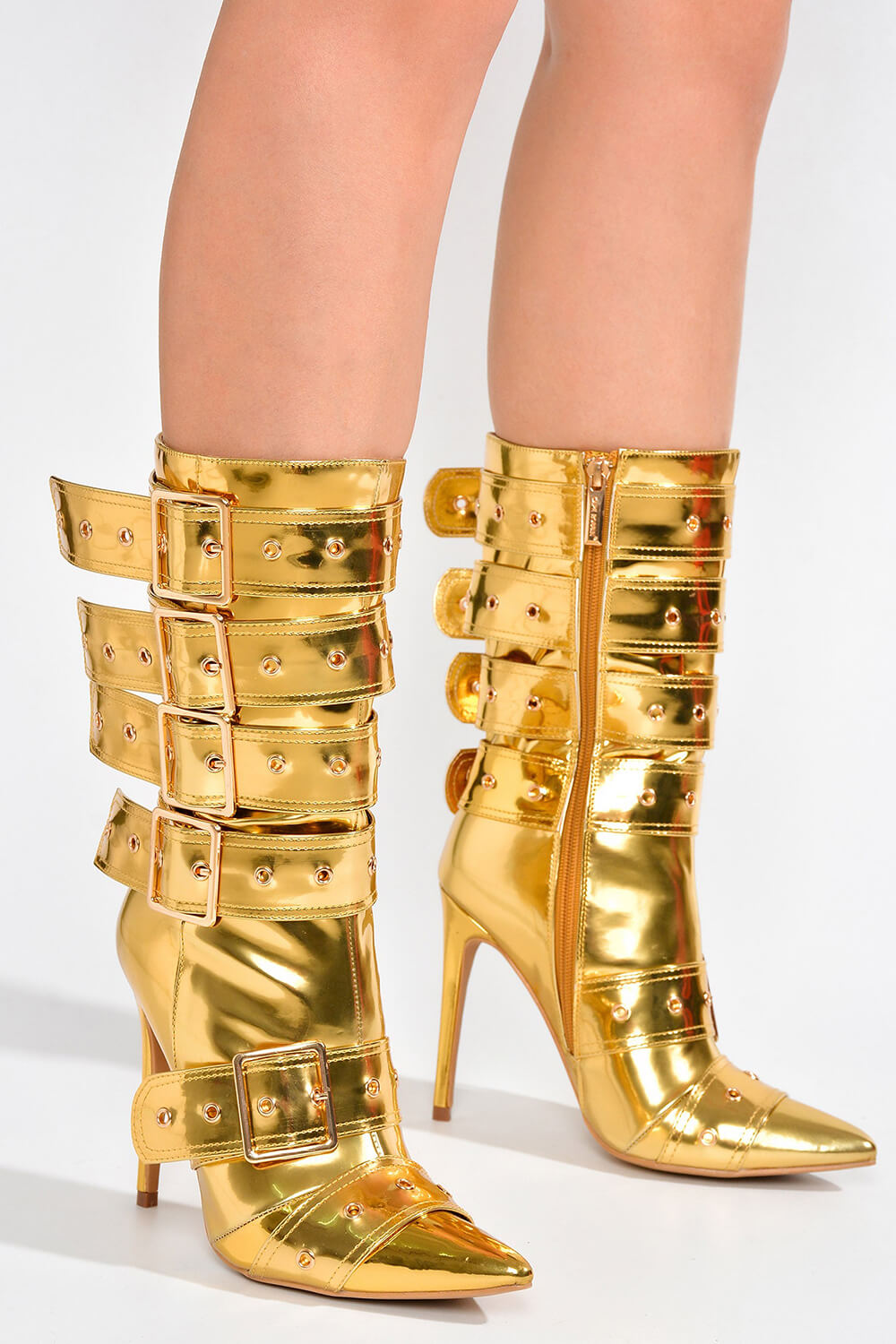 Multi Buckle Pointed Toe Ankle High Heel Boots - Metallic Gold