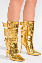 Multi Buckle Pointed Toe Ankle High Heel Boots - Metallic Gold
