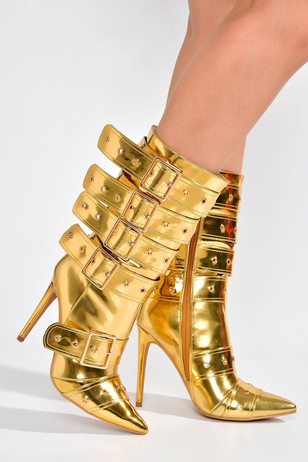 Multi Buckle Pointed Toe Ankle High Heel Boots - Metallic Gold
