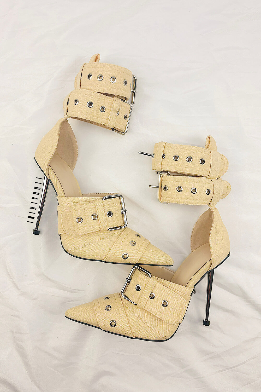 Multi Buckle Pointed Toe Ankle Stiletto Heel Boots - Khaki