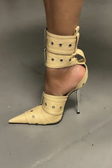 Multi Buckle Pointed Toe Ankle Stiletto Heel Boots - Khaki
