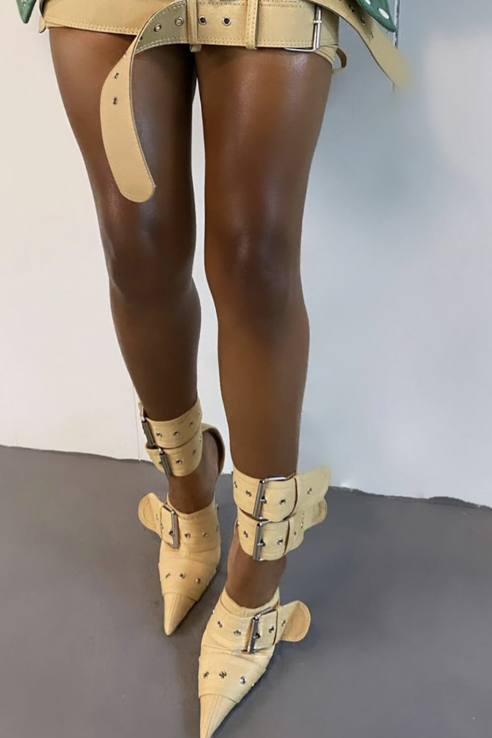 Multi Buckle Pointed Toe Ankle Stiletto Heel Boots - Khaki