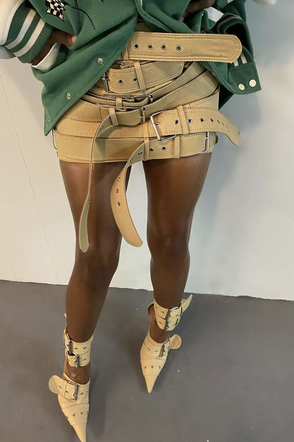 Multi Buckle Pointed Toe Ankle Stiletto Heel Boots - Khaki