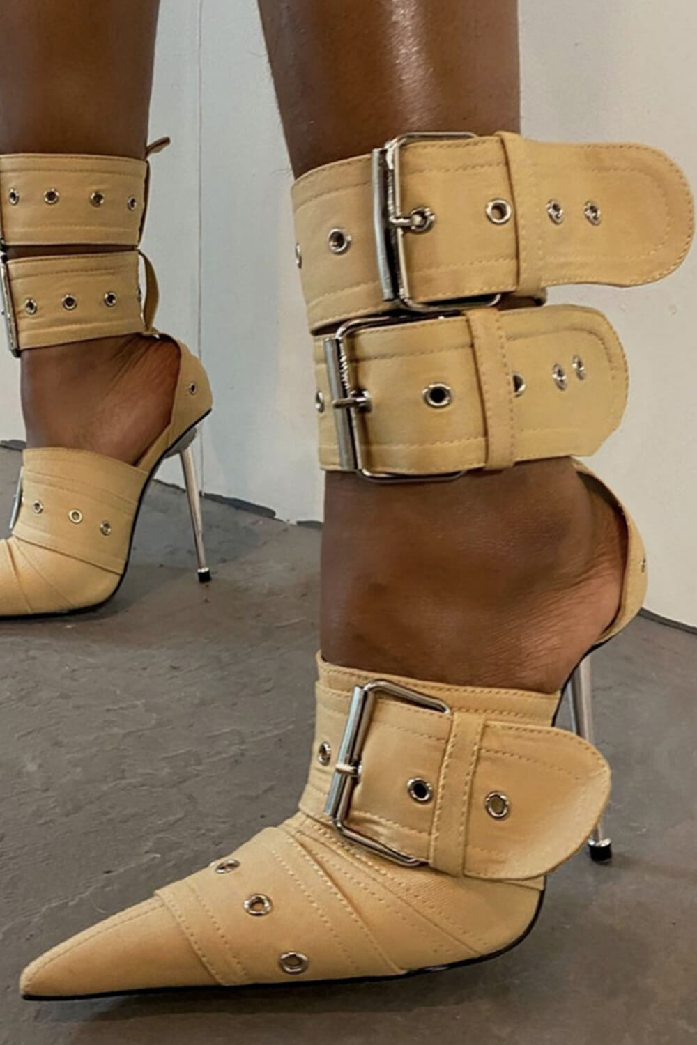 Multi Buckle Pointed Toe Ankle Stiletto Heel Boots - Khaki
