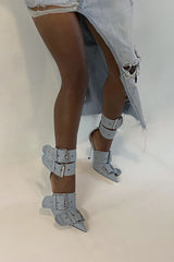 Multi Buckle Pointed Toe Ankle Stiletto Heel Boots - Blue