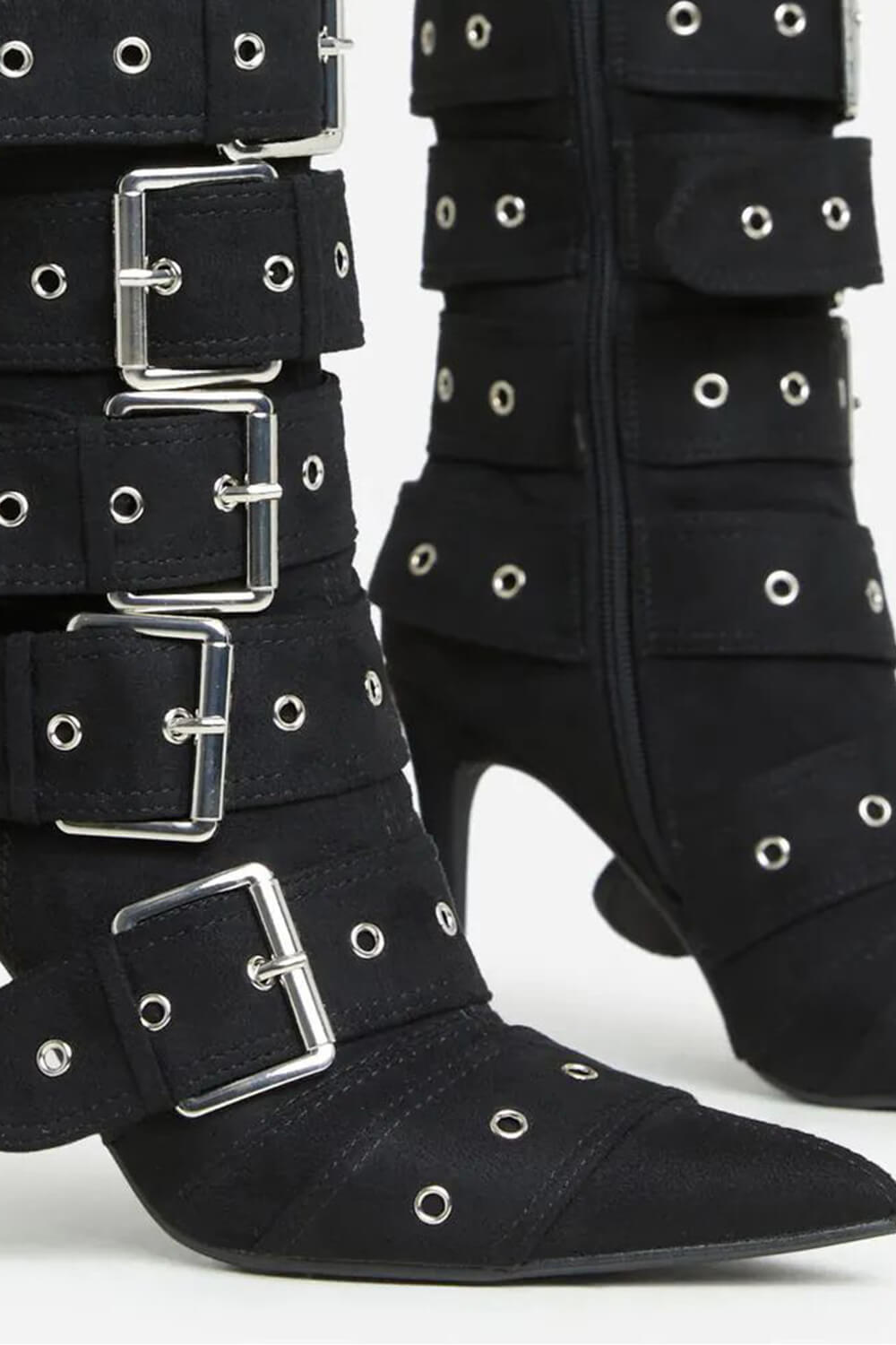 Multi Buckle Pointed Toe Above The Ankle High Heel Boots - Black