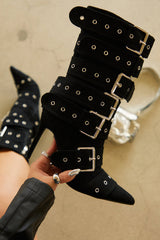 Multi Buckle Pointed Toe Above The Ankle High Heel Boots - Black