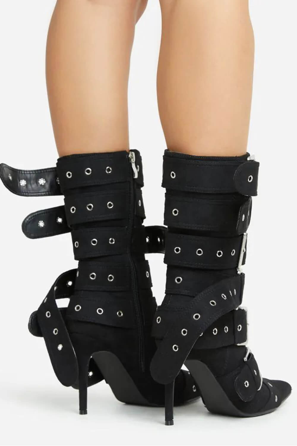 Multi Buckle Pointed Toe Above The Ankle High Heel Boots - Black