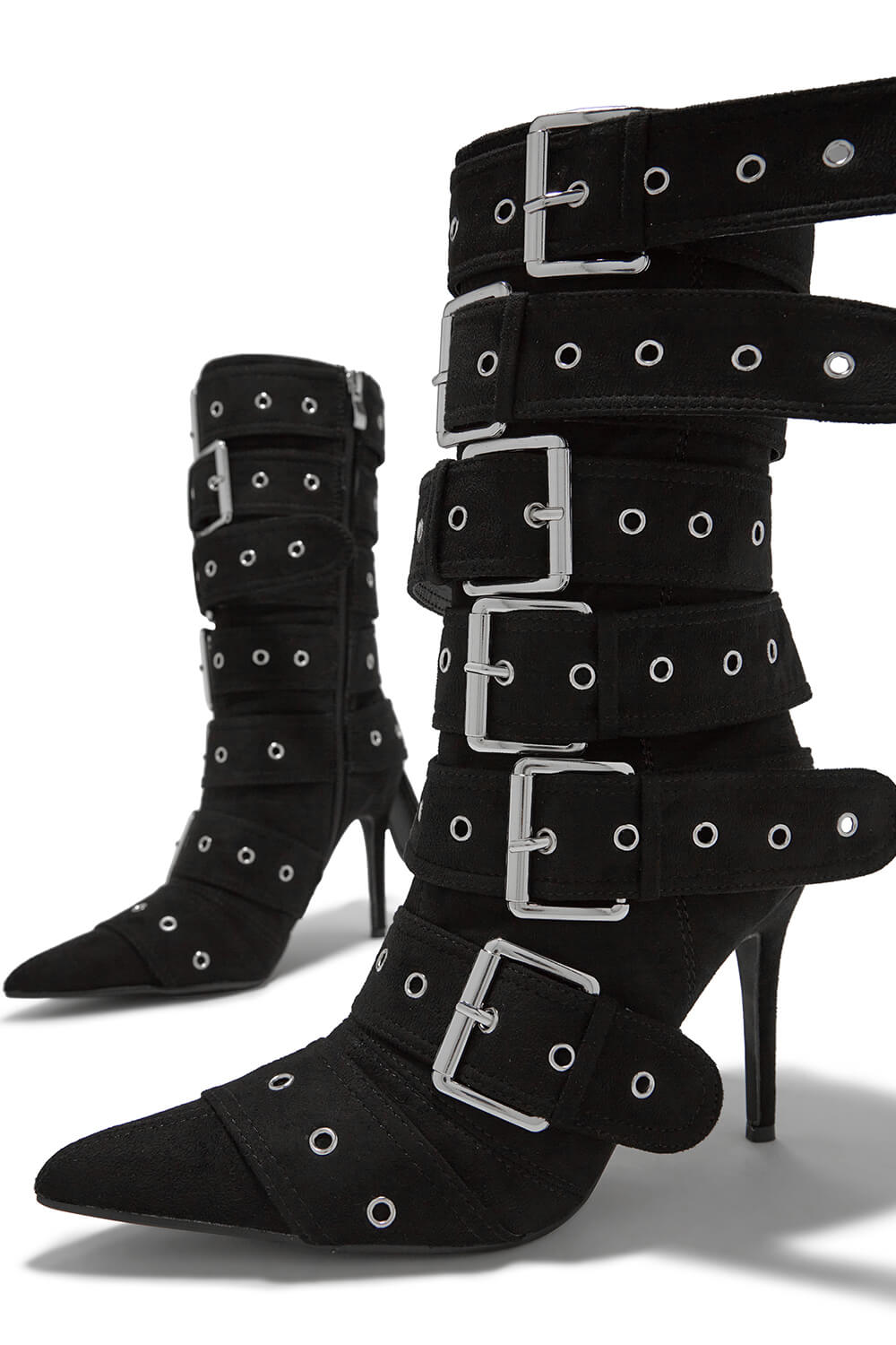 Multi Buckle Pointed Toe Above The Ankle High Heel Boots - Black