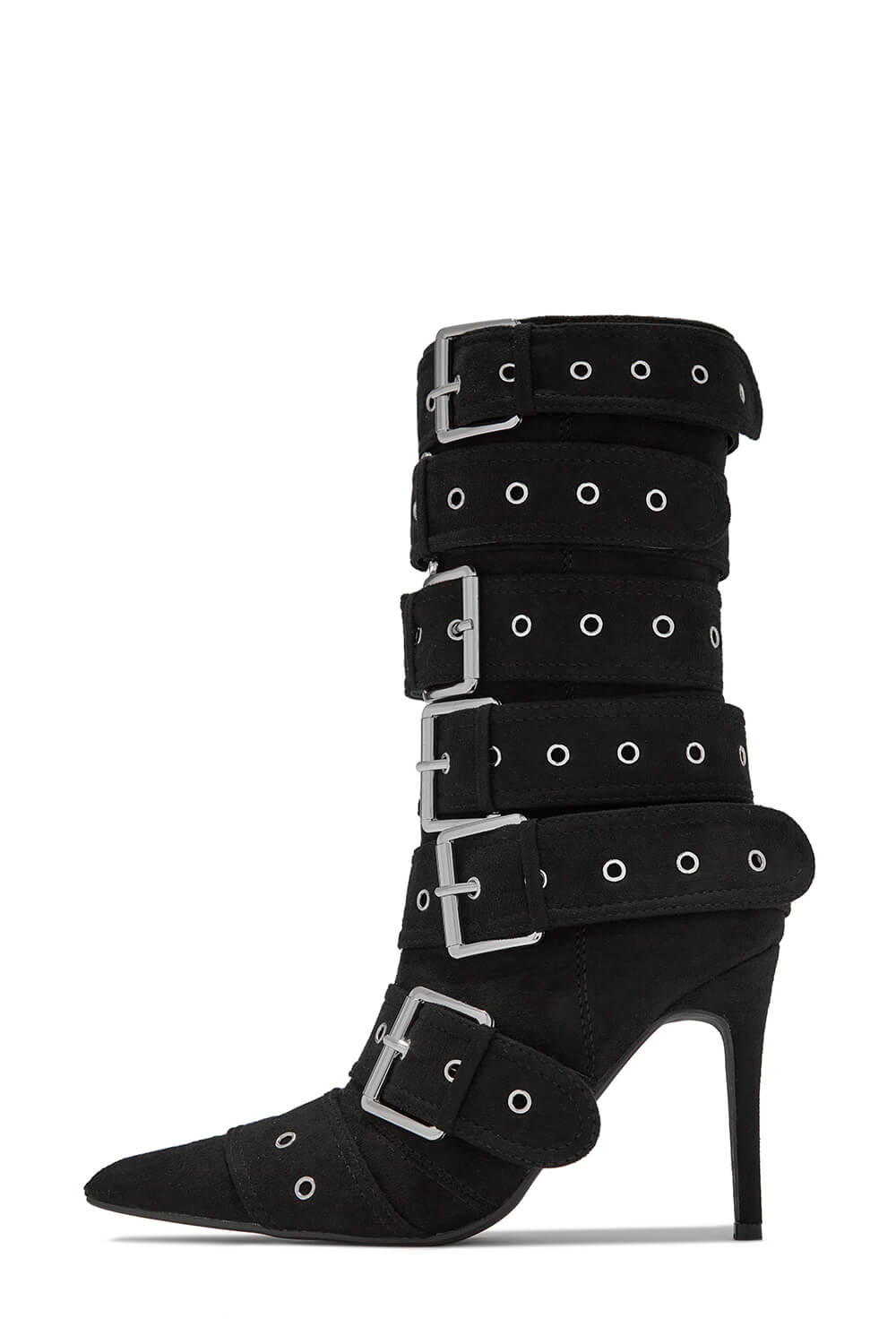 Multi Buckle Pointed Toe Above The Ankle High Heel Boots - Black