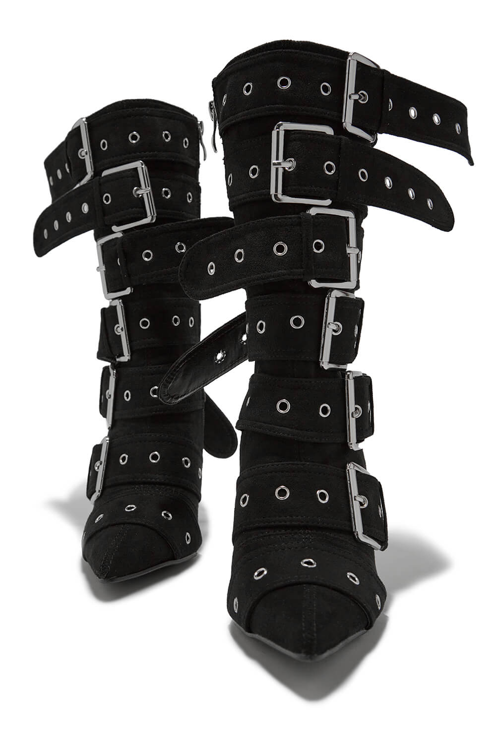 Multi Buckle Pointed Toe Above The Ankle High Heel Boots - Black