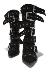 Multi Buckle Pointed Toe Above The Ankle High Heel Boots - Black