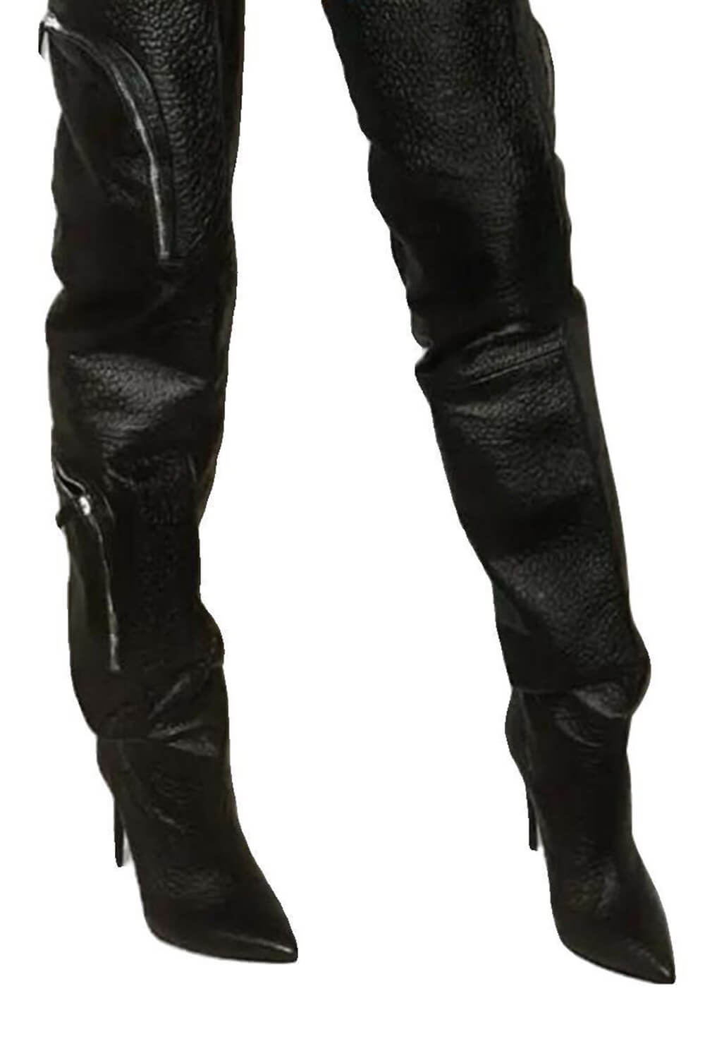 Bubble Textured Faux Leather Zip Detail Cargo Thigh High Stiletto Boots - Black