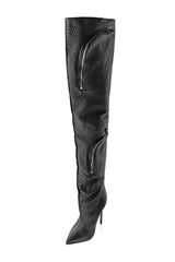 Bubble Textured Faux Leather Zip Detail Cargo Thigh High Stiletto Boots - Black