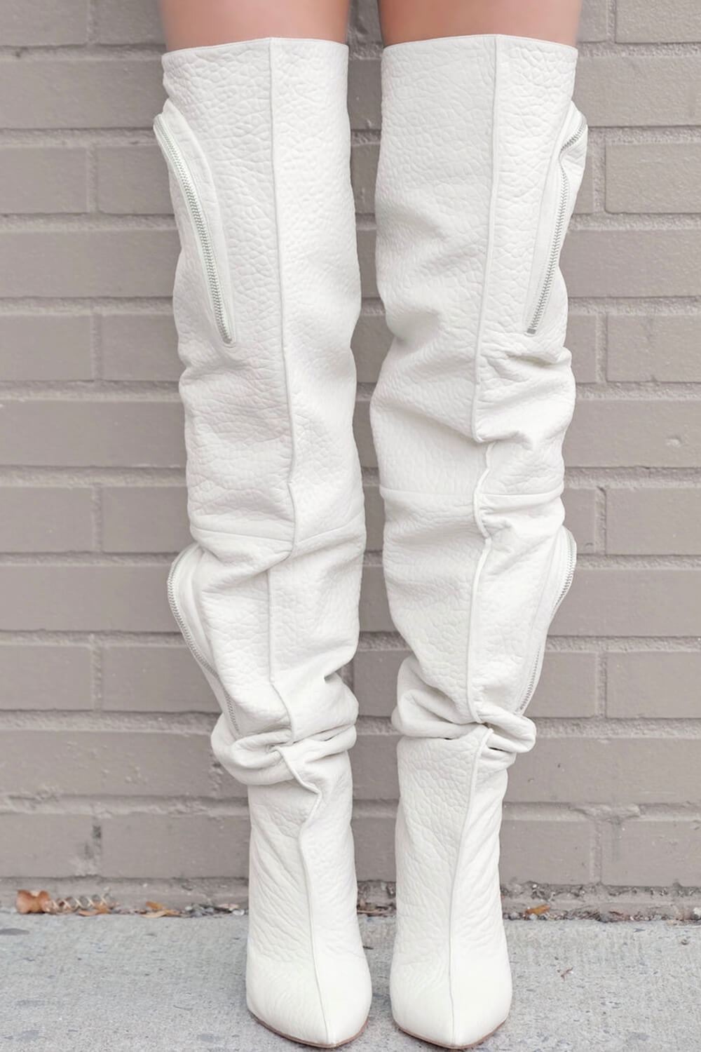 Bubble Textured Faux Leather Zip Detail Cargo Thigh High Stiletto Boots - White
