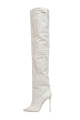 Bubble Textured Faux Leather Zip Detail Cargo Thigh High Stiletto Boots - White