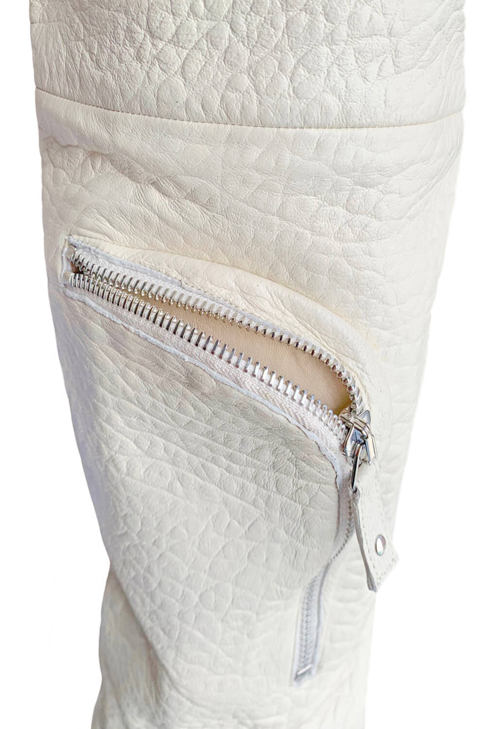 Bubble Textured Faux Leather Zip Detail Cargo Thigh High Stiletto Boots - White