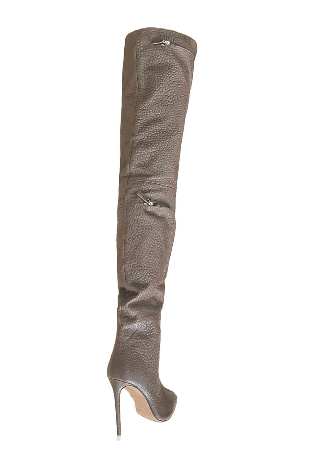 Bubble Textured Faux Leather Zip Detail Cargo Thigh High Stiletto Boots - Taupe