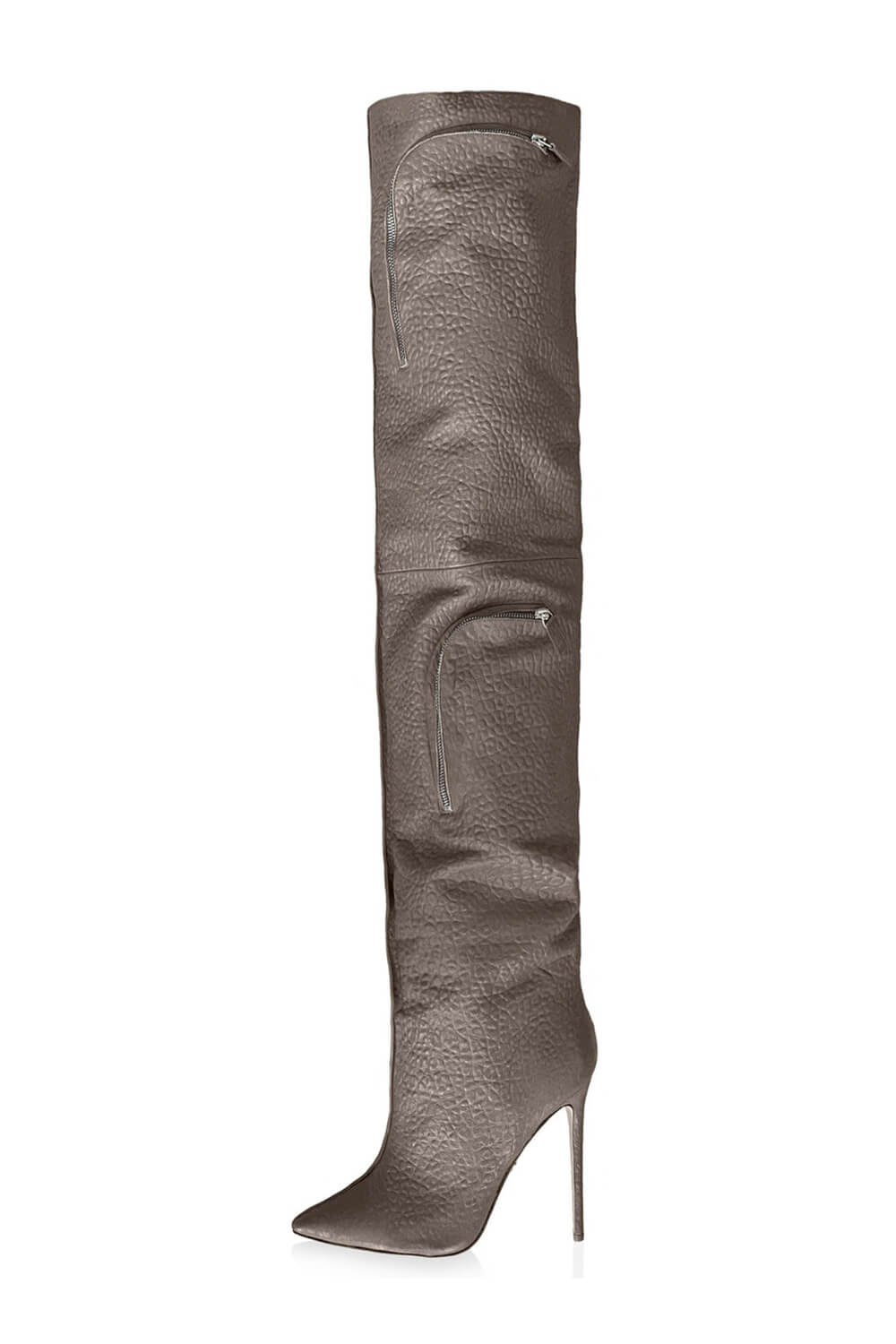 Bubble Textured Faux Leather Zip Detail Cargo Thigh High Stiletto Boots - Taupe