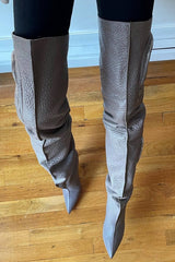 Bubble Textured Faux Leather Zip Detail Cargo Thigh High Stiletto Boots - Taupe