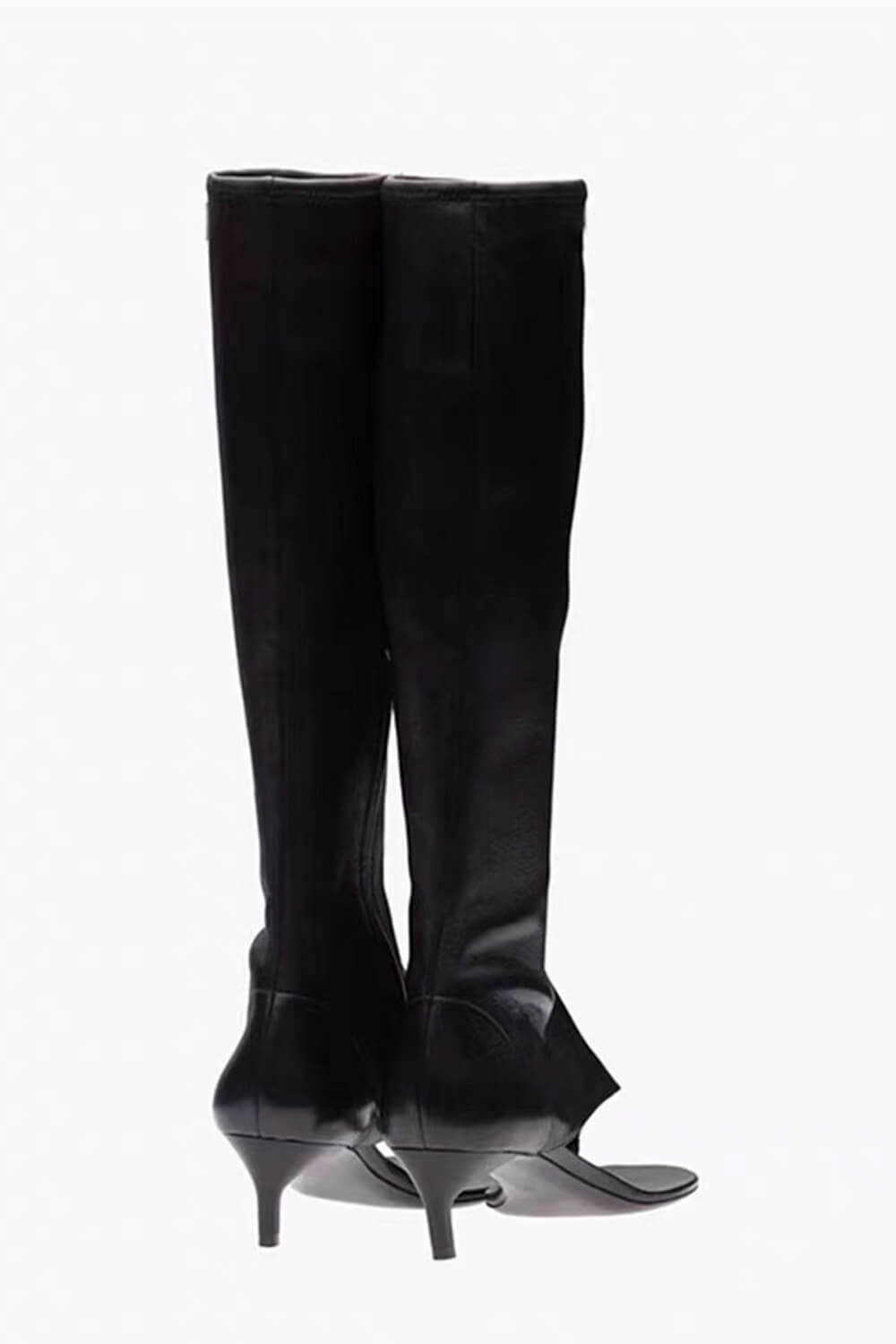 Faux Leather Open Toe Thong Strap Knee High Heeled Boots - Black