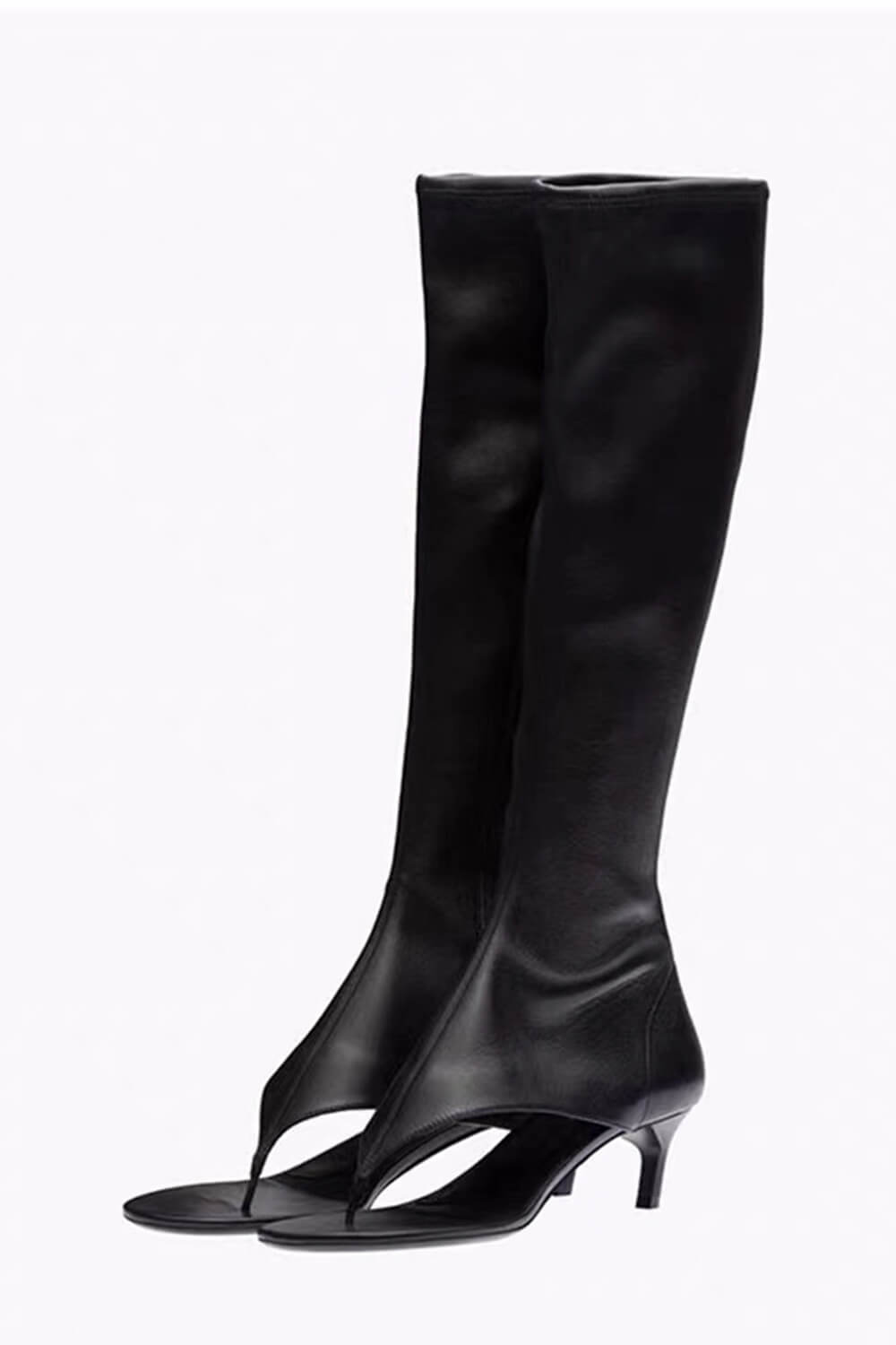 Faux Leather Open Toe Thong Strap Knee High Heeled Boots - Black
