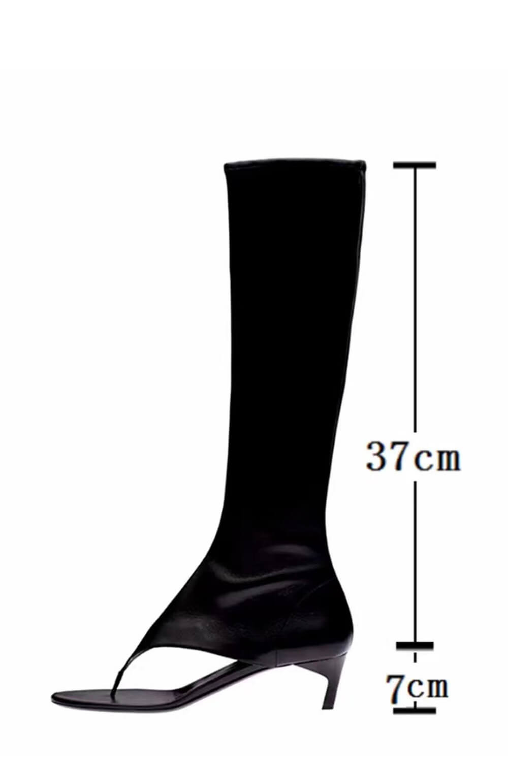Faux Leather Open Toe Thong Strap Knee High Heeled Boots - Black