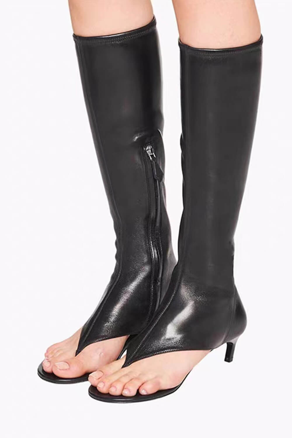 Faux Leather Open Toe Thong Strap Knee High Heeled Boots - Black