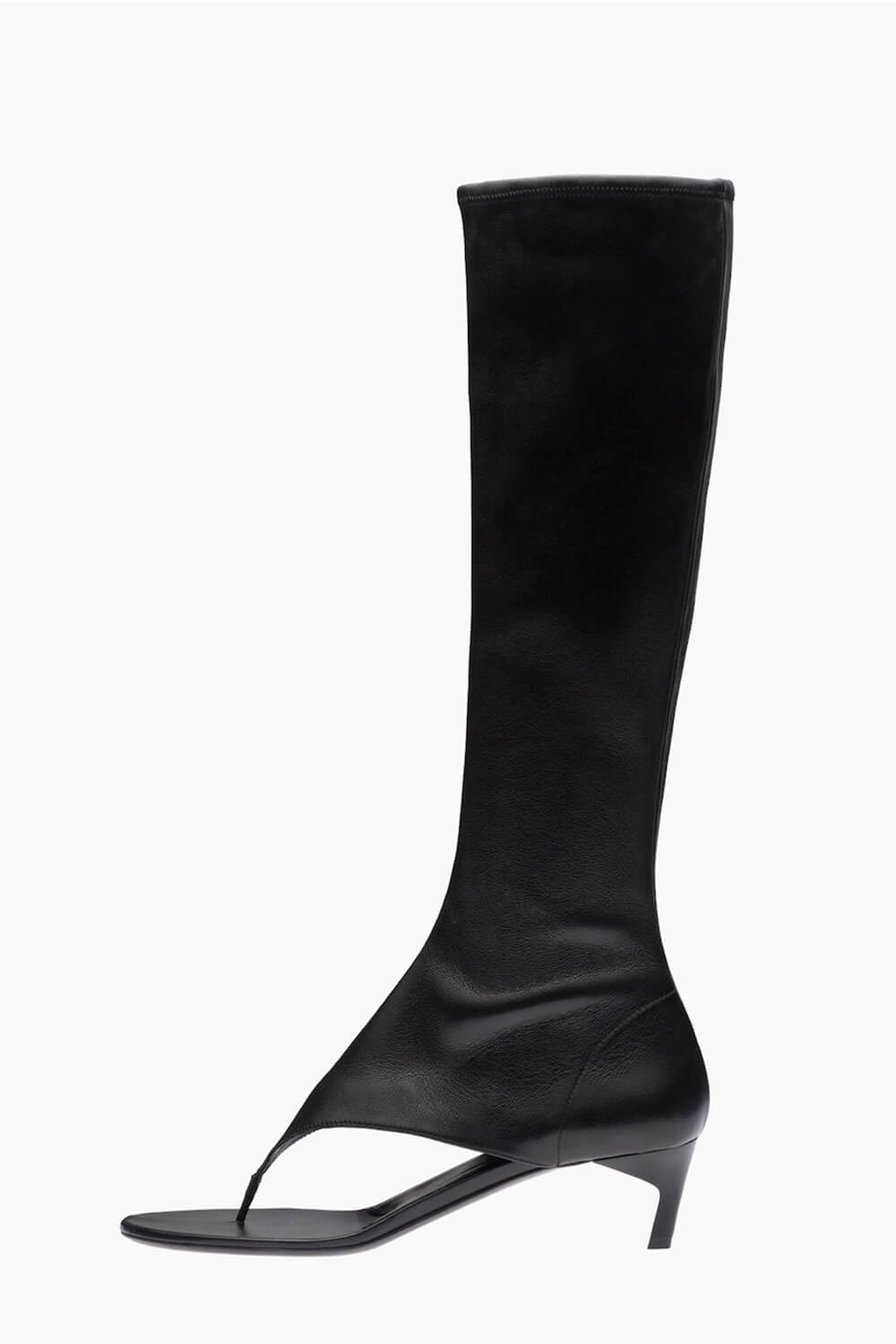 Faux Leather Open Toe Thong Strap Knee High Heeled Boots - Black