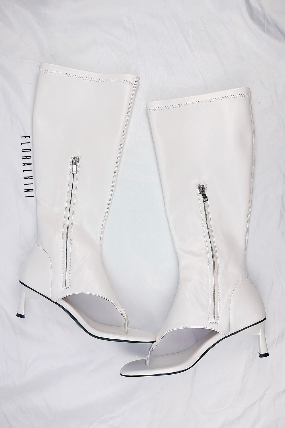 Faux Leather Open Toe Thong Strap Knee High Heeled Boots - White