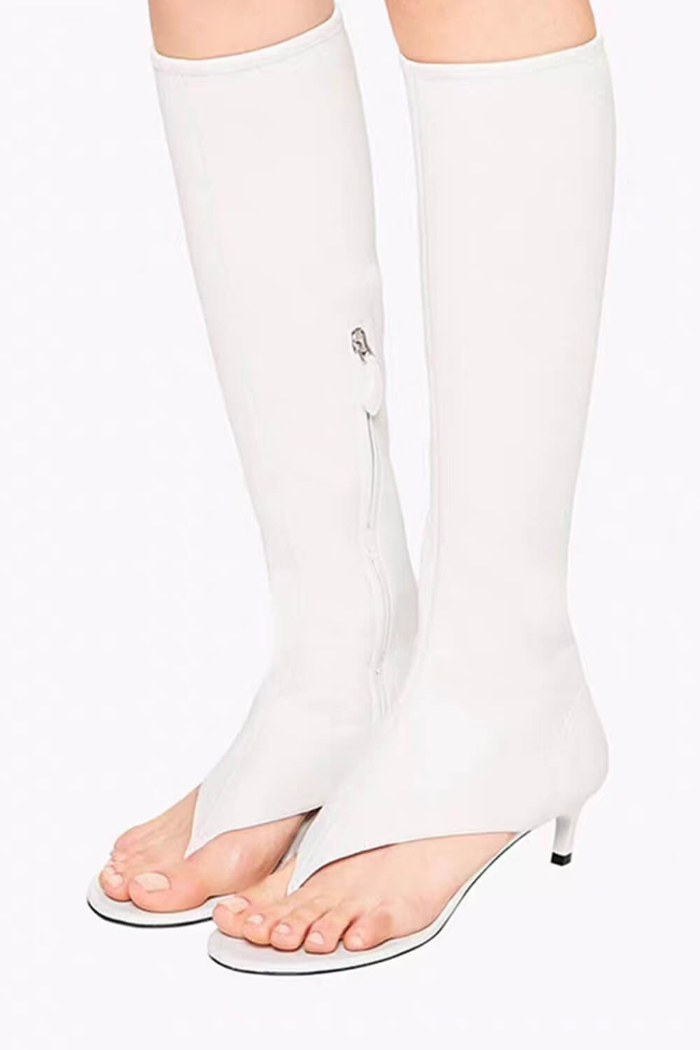 Faux Leather Open Toe Thong Strap Knee High Heeled Boots - White