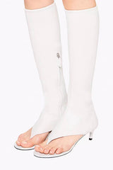 Faux Leather Open Toe Thong Strap Knee High Heeled Boots - White