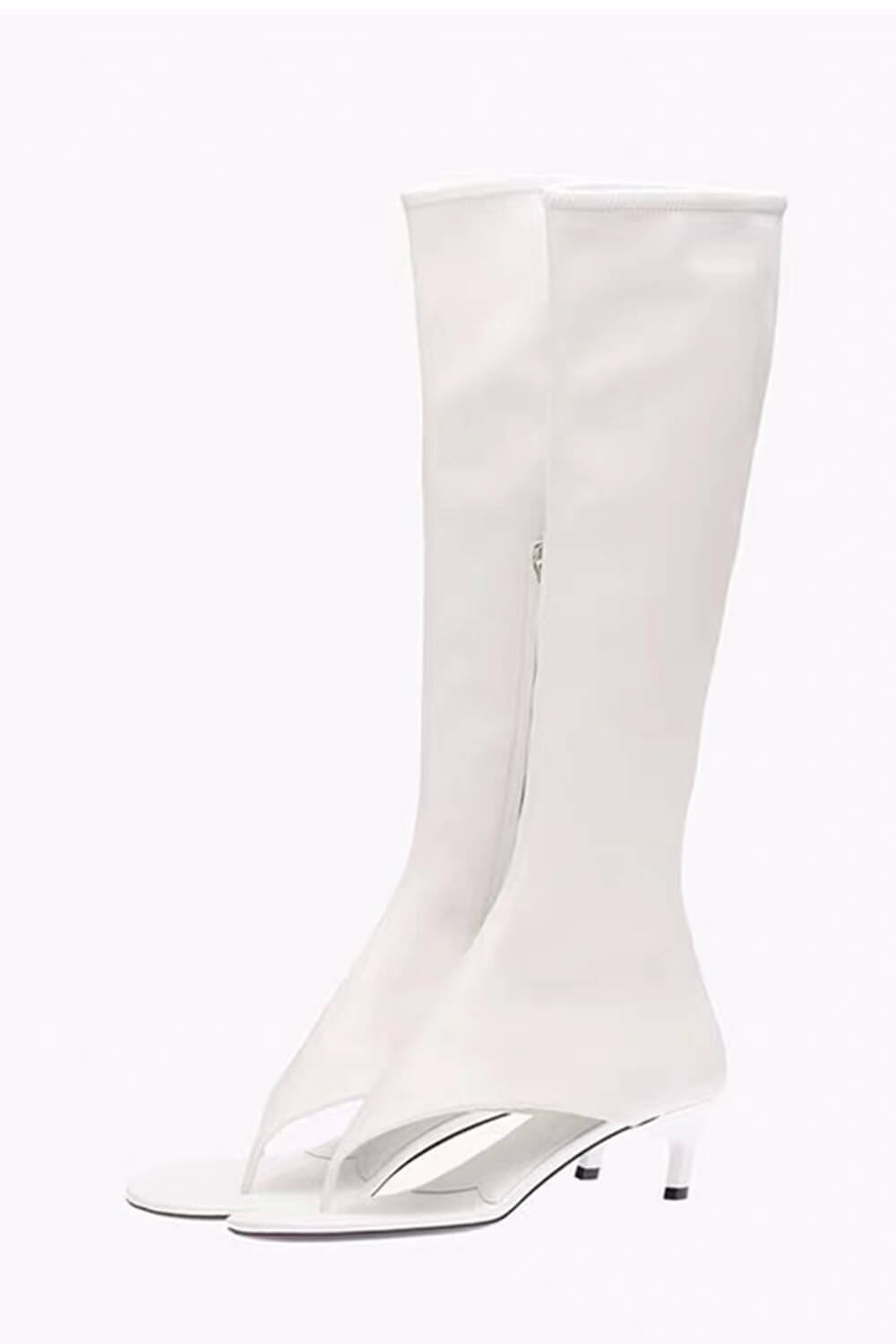 Faux Leather Open Toe Thong Strap Knee High Heeled Boots - White