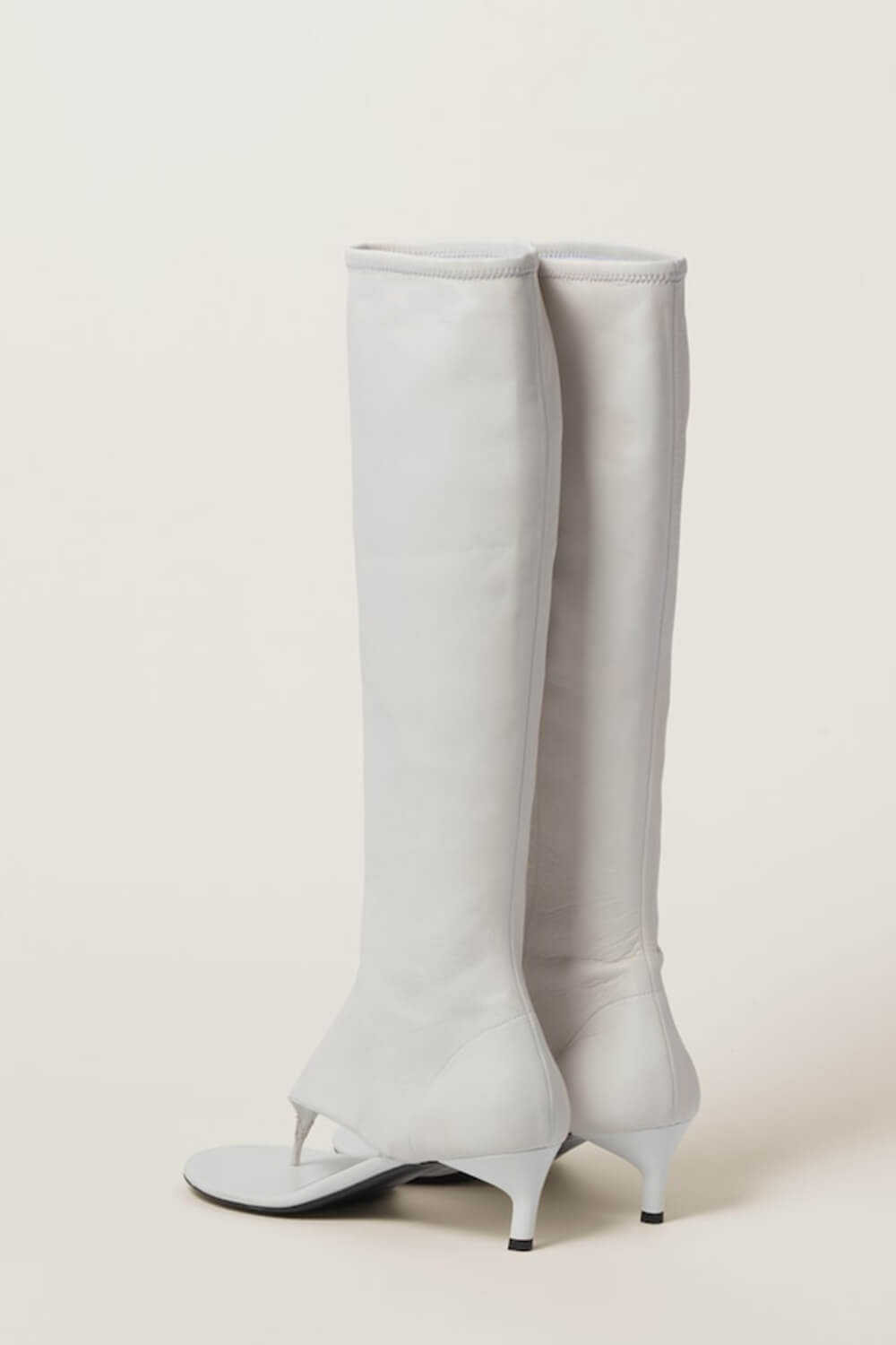 Faux Leather Open Toe Thong Strap Knee High Heeled Boots - White