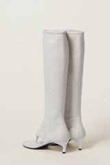 Faux Leather Open Toe Thong Strap Knee High Heeled Boots - White