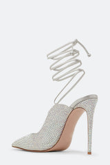Crystal Embellished Lace Up Pointed Toe Court Stiletto Heel - Silver