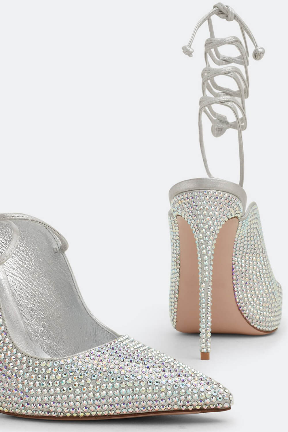 Crystal Embellished Lace Up Pointed Toe Court Stiletto Heel - Silver