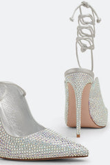 Crystal Embellished Lace Up Pointed Toe Court Stiletto Heel - Silver