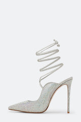 Crystal Embellished Lace Up Pointed Toe Court Stiletto Heel - Silver