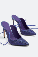 Crystal Embellished Lace Up Pointed Toe Court Stiletto Heel - Blue