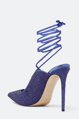 Crystal Embellished Lace Up Pointed Toe Court Stiletto Heel - Blue